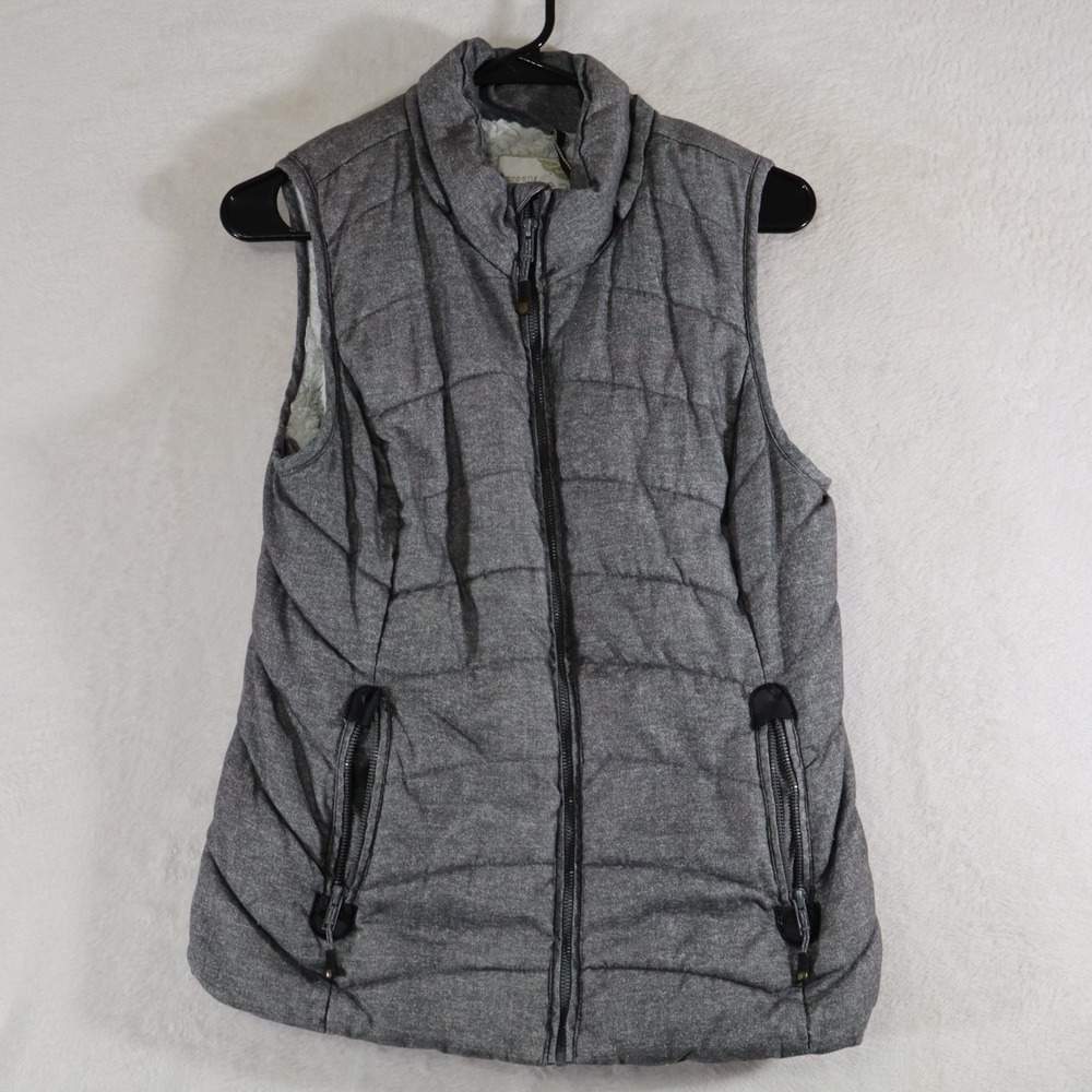 Green Tea Women's S Gray Quilted Vest Sherpa Lined Zip Up Sleeveless Jacket Warm